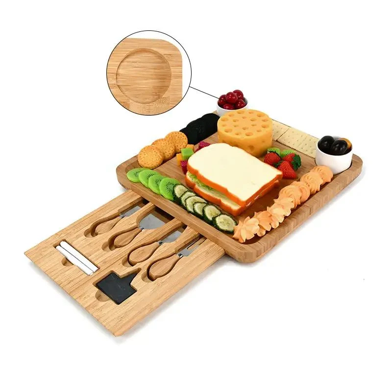 Exquisite Bamboo Cheese Board Charcuterie Set with Slide-out Drawers Cutlery for Meat and Wine